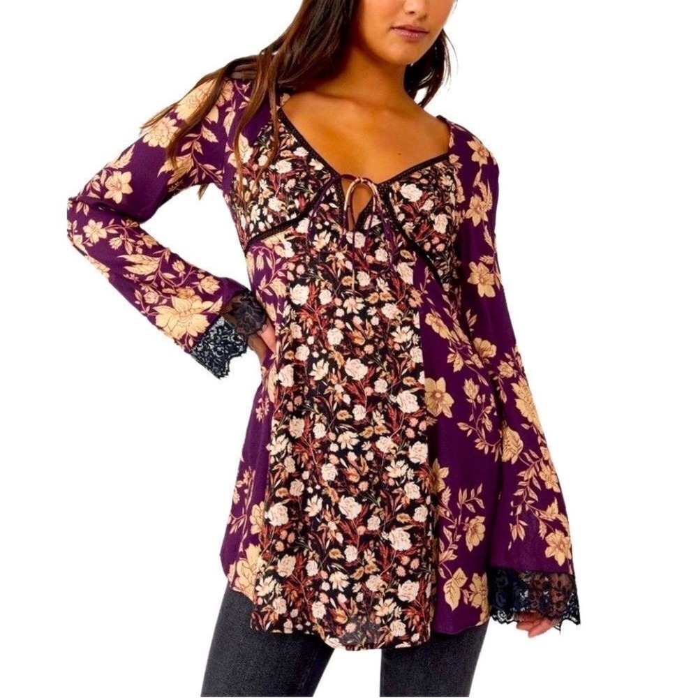 Free People Espresso Purple Odette Printed Tunic‎ Top Size Medium NWT